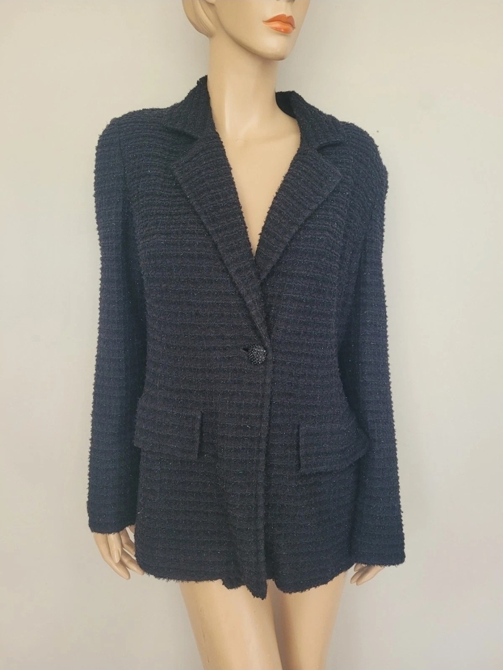 St. John Black Textured Knit Single-Button Blazer